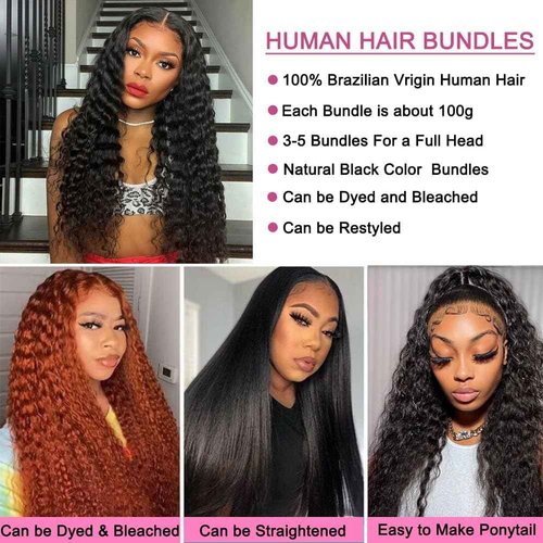 Deep Wave Human Hair Bundles 14 16 18 Inch Deep Curly Bundles Human Hair 12A Unprocessed Brazilian Virgin Double Weft Remy Hair Bundles Full and Thick