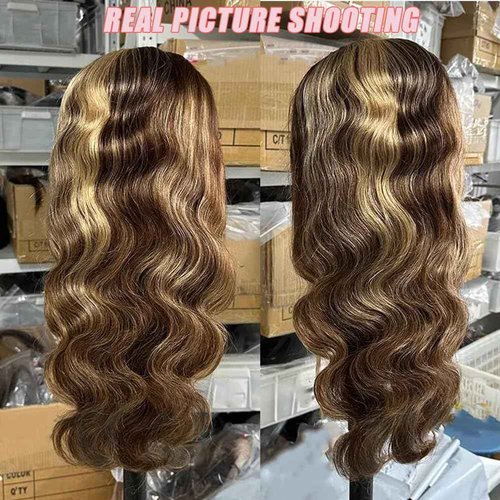 PECWU Honey Blonde Lace Front Wig Body Wave Human Hair Pre Plucked 4/27 HD Lace Frontal 180% Density Human Hair Wigs for Black Women Ombre Colored Wigs 13x6x1 Body Wave Lace Wig (24", Body4/27)