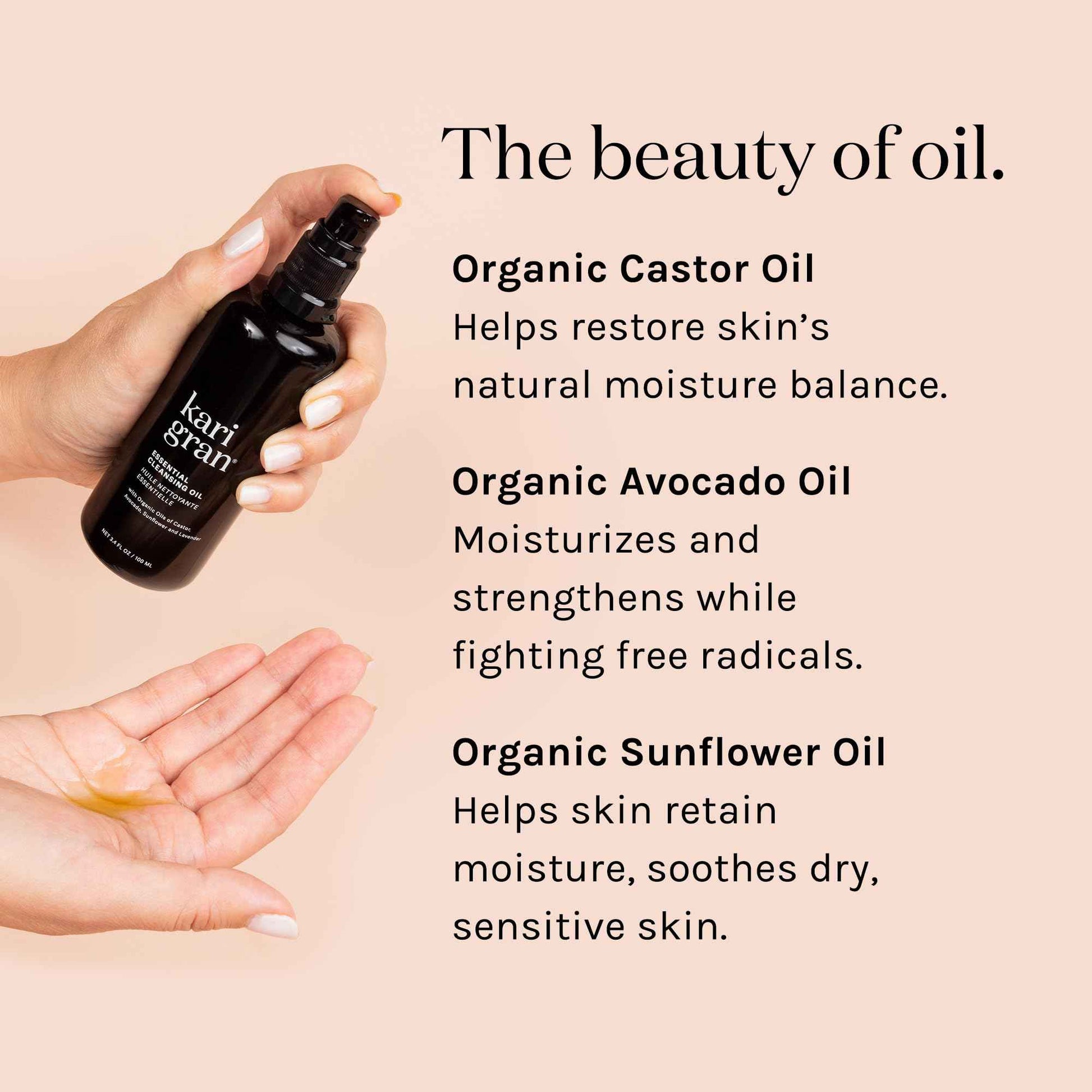 Kari Gran Essential Cleansing Oil | Organic Face Cleanser for All Skin Types | Gently Removes Makeup, Sunscreen & Impurities | Hydrates & Exfoliates | Cruelty-Free (3.4 fl oz)