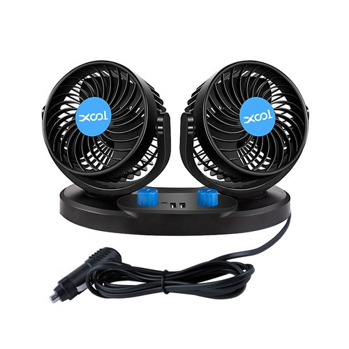 XOOL 12V Car Fan, 360 Degree Rotatable Electric Car Fans, 2 Speed Dual Head Fans with 2 USB Charging Ports, Quiet Strong Cooling Air Fan for Truck Vehicle Boat Van SUV RV