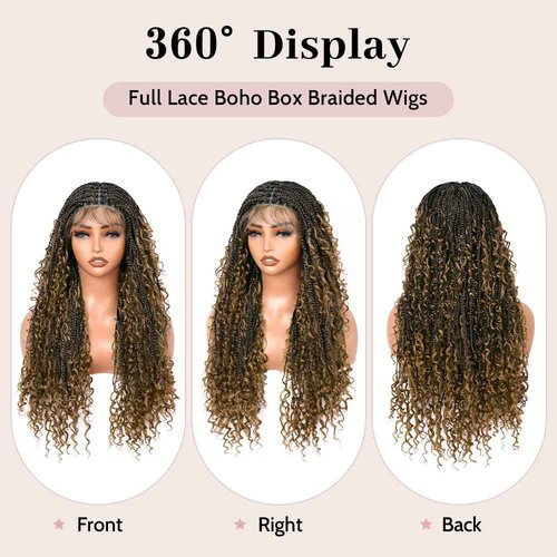 Suntefic Boho Box Braided Wigs for Black Women Glueless Double Full Lace Human Hair Blended Lightweight Hand Braid Wig with Baby Hair (4-#27, 28 In)
