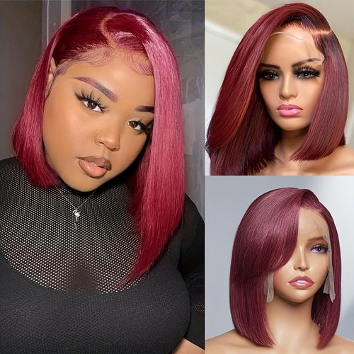 99J Burgundy Lace Front Wigs Human Hair 13x4 HD Lace Frontal Glueless Straight Short Bob Wig Human Hair 180% Density Bob Wigs for Black Women Human Hair Pre Plucked Natural Hairline Wine Red 14 Inch