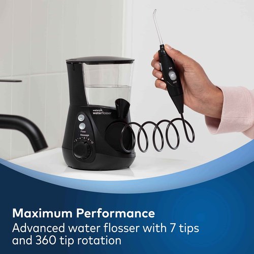 Waterpik Aquarius Water Flosser with 10 Settings, 7 Tips, ADA Accepted Black WP-662 Bundle with Waterpik Fresh Mint Whitening Refill Tablets 30 Count WT-30