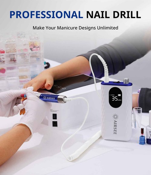 AIRSEE 35000 RPM Professional Electric Rechargeable Nail Drill File Machine for Acrylic Extension Gel Dip Powder Powerful Cordless Portable Efile 56 Sanding Bands 7 Bits LCD Scrn Salon Manicure Use G7