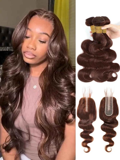 MOMOSHERO 12A Chocolate Brown Bundles With Closure Human Hair Body Wave, Soft Glossy Wavy 100% Remy Hair Weaves Colored #4 Medium Dark Brown 3 Bundle and 2X6 HD Lace Closure Deep Part 10 12 14+10 inch
