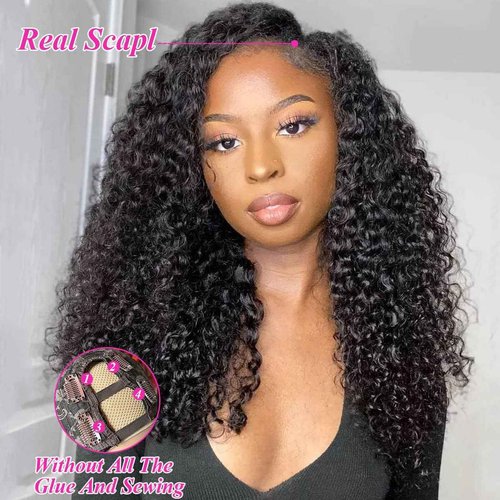Yavida U Part Wig Human Hair Curly U Part Human Hair Wig 180% Density Unprocessed Virgin Human Hair U Part Wigs for Black Women Full Head Glueless Curly U Part Wig Human Hair Natural Black 26 Inch