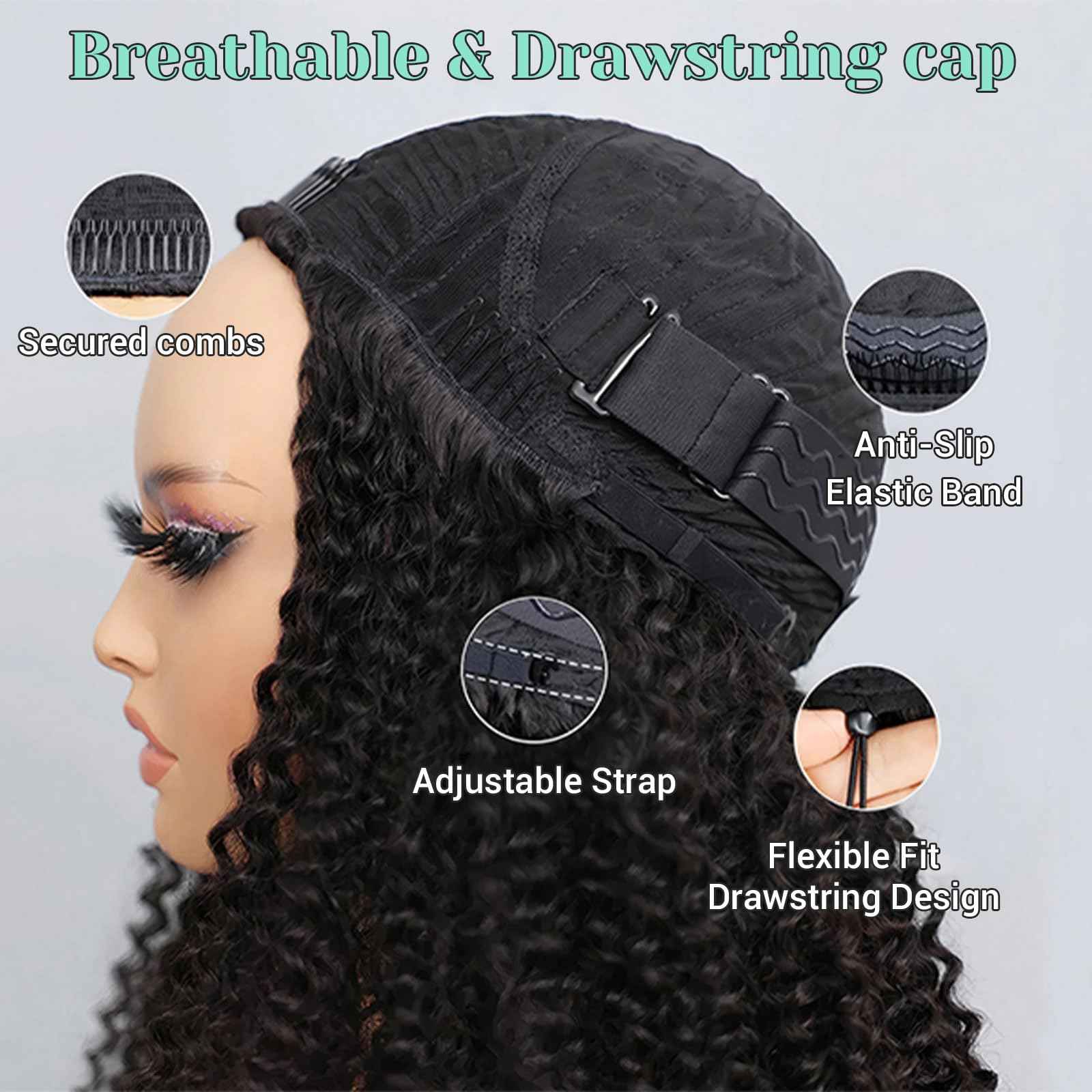 Half Wig Human Hair Glueless Headband Wig for Women 200 Density Afro Kinky Curly Glueless Wigs Human Hair with Drawstring 3 In 1 Flip Over Half Wigs Friendly for Beginner Natural Black Color 20 Inch