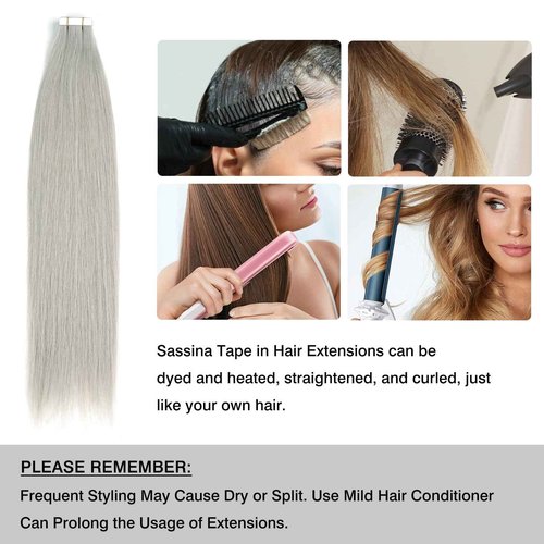 Sassina Tape in Hair Extensions Human Hair Invisible Seamless Skin Weft Human Hair Tape in Extensions Silver Gray Double Side Reusable Human Hair Extensions 14 Inch 50 Gram 20pcs