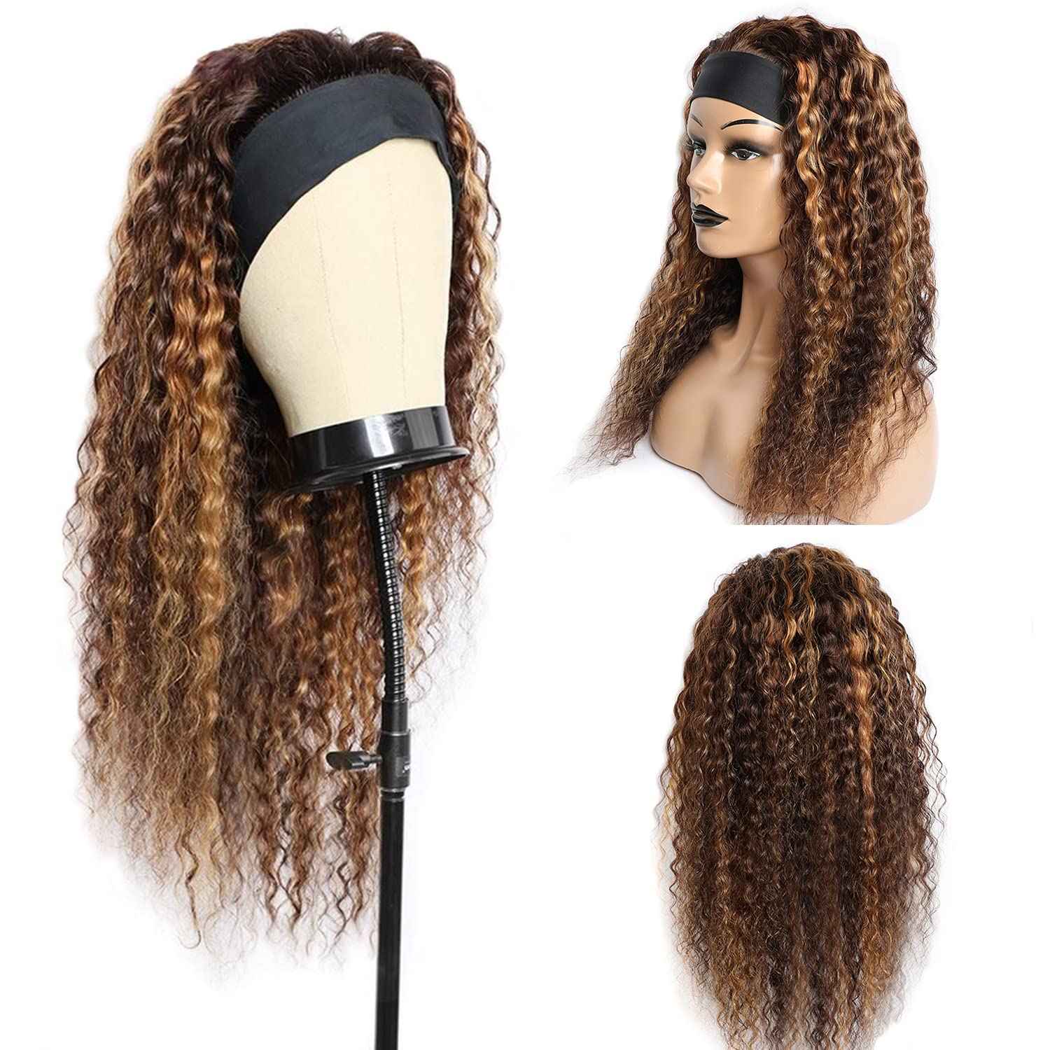 4/27 Highlight Ombre Blonde Headband Wig Human Hair Deep Wave Headband Wig Attached Half Wigs Deep Wave Curly Human Hair Headband Wig for Black Women 150% Density Human Hair Wigs 24 inch