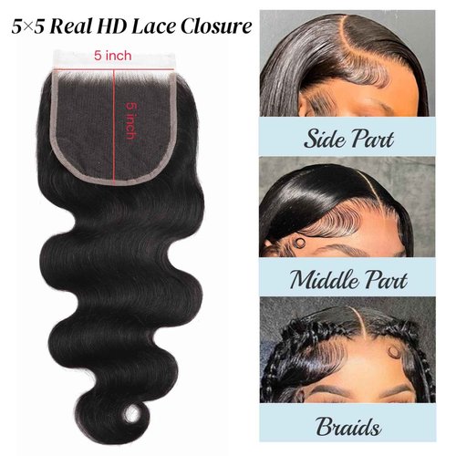 5x5 SKINLIKE 100% Real HD Lace Closure Body Wave Human Hair Closure 0.095mm Ultra-thin Invisible Swiss HD Lace Closure Pre Plucked Small Single Knots Brazilian Virgin Human Hair Closure 18inch