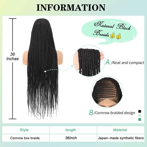 Fecihor 13x8 Inch HD Lace Front Cornrow Braided Wigs For Women Box Braid Wig With Baby Hair Back Lemonade Braids 36" Black Premium Synthetic Box Braided Wig Transparent Lace Front Braids Wigs