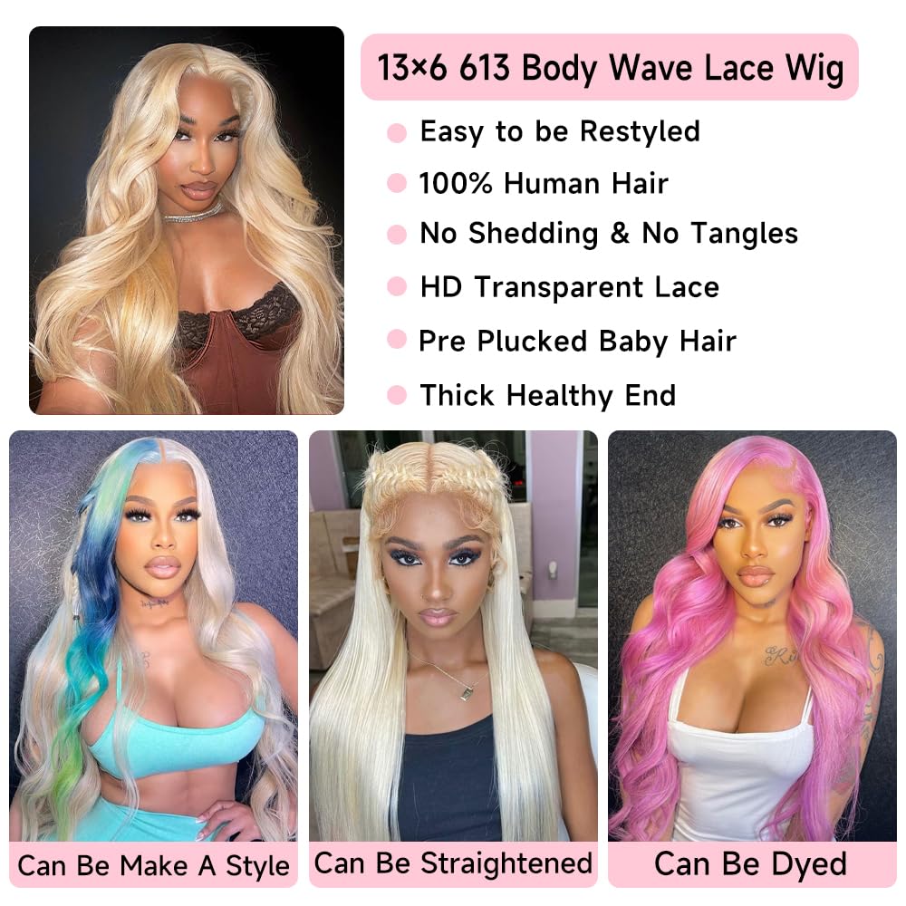 Loyom 613 28 Inch Lace Front Wig Human Hair 13x6 Transparent Lace 12A 200 Density Blonde Body Wave Lace Front Wigs Human Hair Pre Plucked 613 HD Lace Frontal Wig