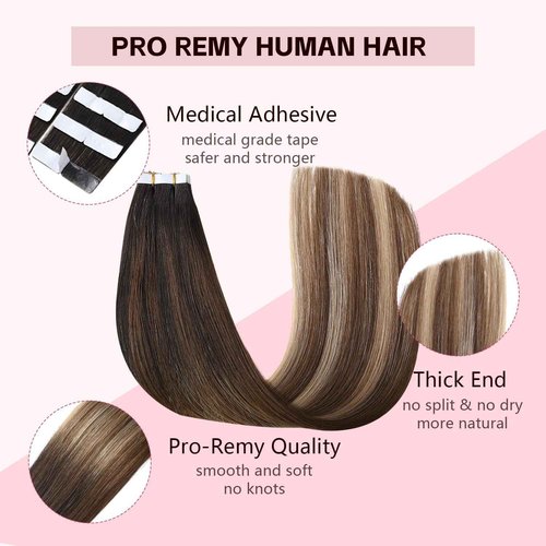 Sweetmet Invisible Tape in Hair Extensions Human Hair 3rd-Generation #1b/4/27 Natural Black to Chocolate Brown and Caramel Blonde 20pcs 50g 22inch Invisi Edge Tape ins Extensions(#1b/4/27a-22inch)
