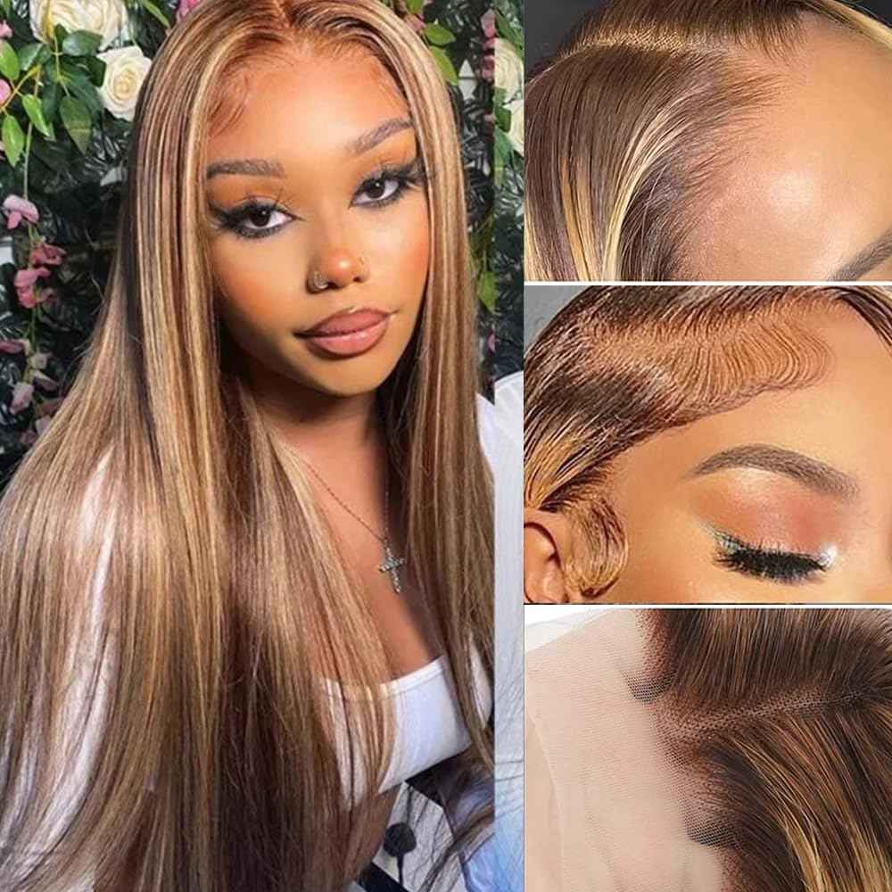 IMANI HAIR Highlight Ombre Lace Front Wig Human Hair For Black Women Honey Blonde 13x4 HD Transparent 4/27 Straight Pre Plucked with Baby (24 inch, p4/27 Highlight)