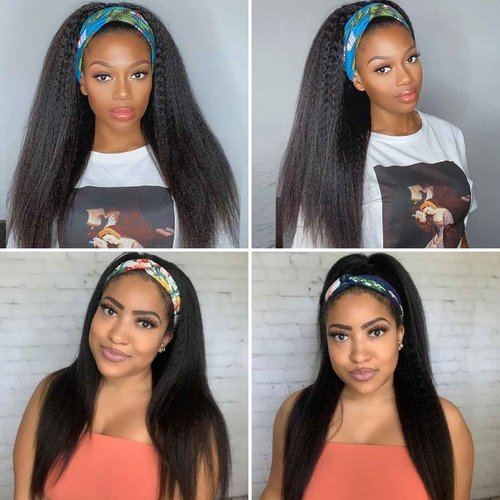 VIVIBABI Kinky Straight Human Hair Headband Wigs 24 Inch Glueless None Lace Front Wigs Machine Made Virgin Kinky Straight Human Hair for Black Women 180% Density Natural Color