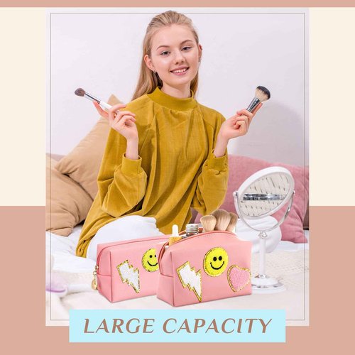 Silkfly 15 Pcs Preppy Patch Makeup Bag Bulk End of the Year Teacher Gifts Bulk Cosmetic Toiletry Bag Smile Lightning Heart PU Leather Portable Waterproof Makeup Cosmetic Purse for Women(Pink)