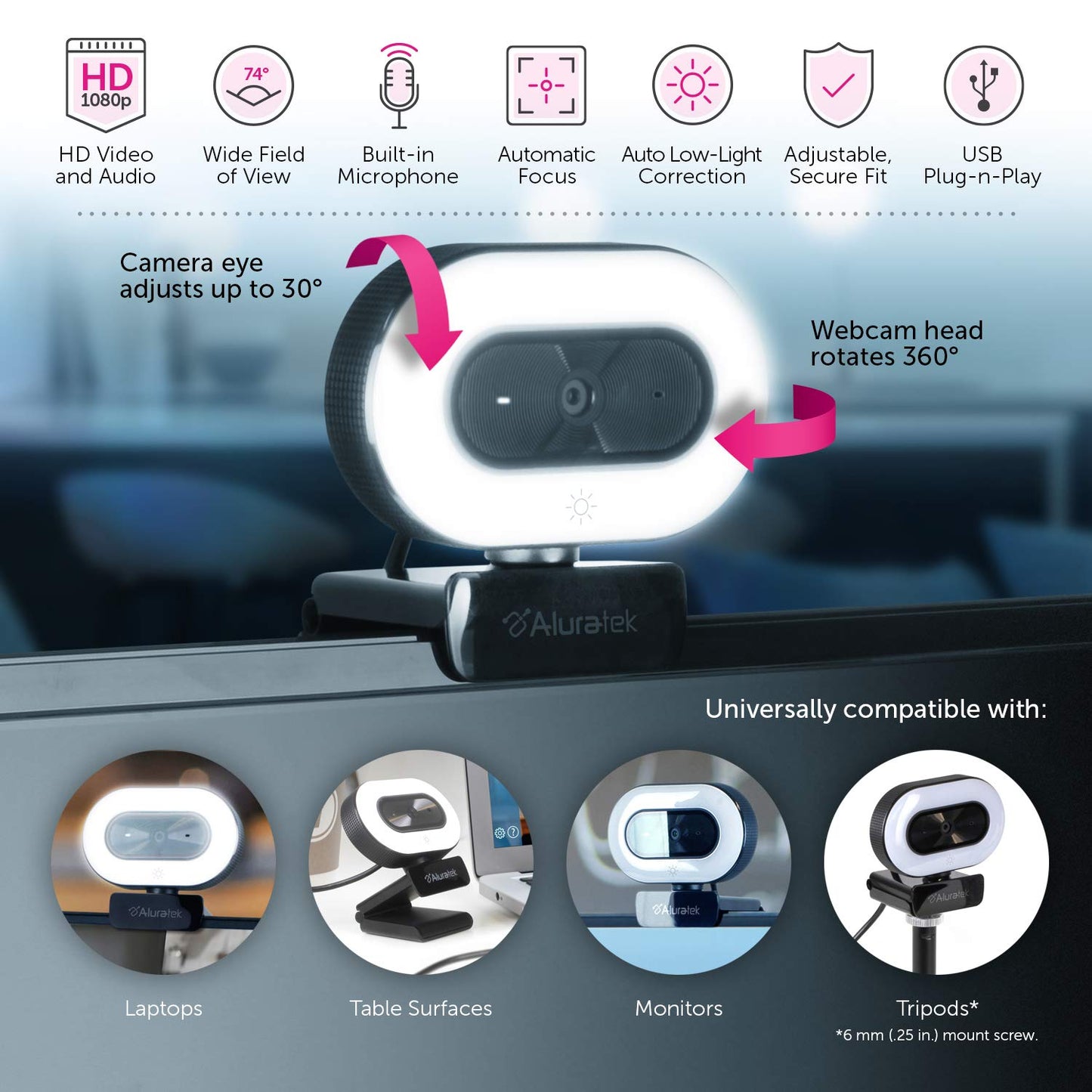 Aluratek 1080p HD Webcam with Ring Light, Auto Focus and Directional Noise Cancelling Mic, Universally Compatible, LED Adjustable Ring Light