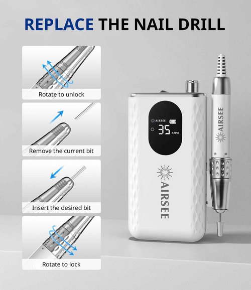 AIRSEE 35000 RPM Professional Electric Rechargeable Nail Drill File Machine for Acrylic Extension Gel Dip Powder Powerful Cordless Portable Efile 56 Sanding Bands 7 Bits LCD Scrn Salon Manicure Use G7