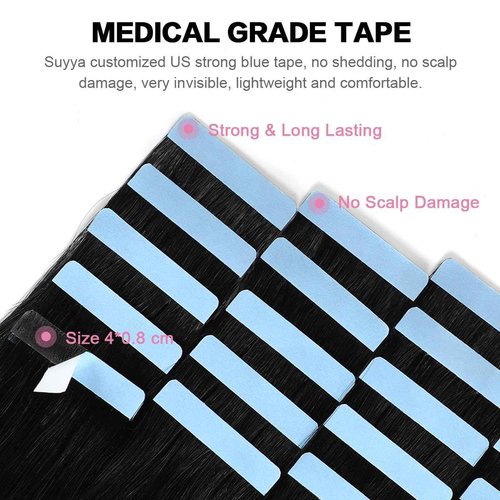 SUYYA Tape in Hair Extensions Human Hair Jet Black 26 Inch 60g/pack 20pcs Straight Seamless Skin Weft Tape in Real Human Hair Extensions(26inch #1 Jet Black)