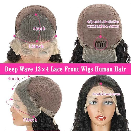 Jewhaut 28 Inch Lace Front Human Hair Wig, Deep Wave, 180% Density, Glueless, Natural, Curly, Black, Medium Cap Size, Full Coverage, Clips/Combs Attachment