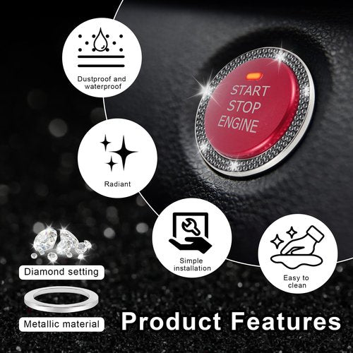 LivTee 2 PCS Crystal Double Rhinestone Car Engine Start Stop Decoration Ring, Bling Car Interior Accessories for Women, Push to Start Button Cover Sticker, Automotive Decals, Glossy Black