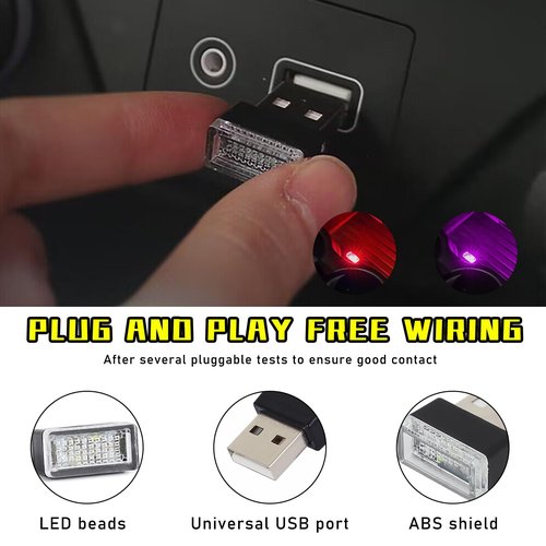 Augeny 4 PCS USB LED Car Interior Atmosphere Lamp, Plug-in USB Decor Night Light, Portable Auto Ambient Lighting Kit, Universal Vehicle Interior Accessories for Most Cars (2 Red+2 Purple)