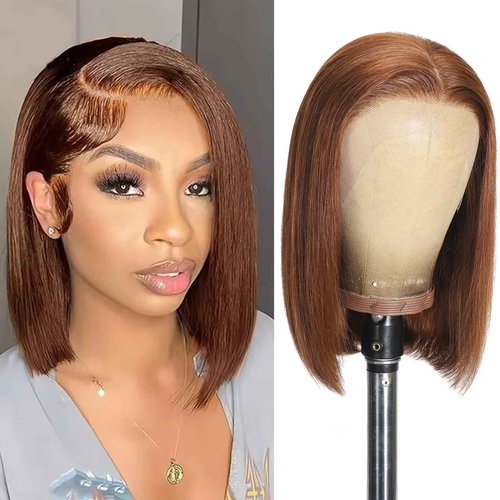 FATIAO #4 Brown Bob Lace Front Wigs Human Hair Straight HD Transparent Brown Bob Wig Human Hair Wear and Go Glueless Wig Pre Plucked Short Bob Wigs For Black Women 14inch