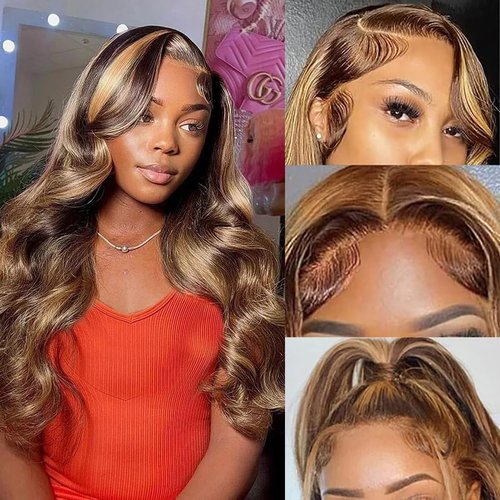 Body Wave Highlight Lace Front Wigs 14a 13x6 hd t Lace Front Wigs Human Hair Pre Plucked 4/27 Colored 180% Density HD Honey Blond Wigs for Black Women Ombre 13x6x1 Transparent Body Wave Wig ( 24 Inch)