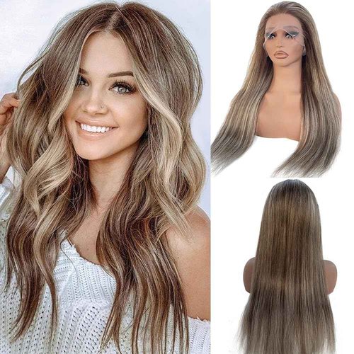 Balayage Ash Blonde Lace Front Wig Pre Plucked Human Hair 22 Inch 13x4 HD Transparent Ombre Ash Blonde to Chestnut Brown with Brown Roots Highlight Wig Belached with Baby Hair 150% Density for Women