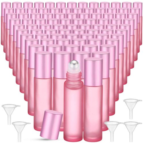 Sumind 150 Pcs Frosted Glass Roller Bottles Essential Oil 10 ml Empty Roll on Bottles with Stainless Steel Balls Leak Proof with 5 Funnel for Travel Essential Oil Perfume(Frosted Pink)
