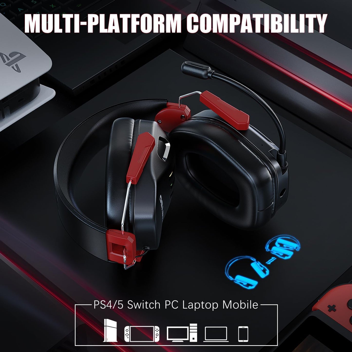 2.4GHz Wireless Gaming Headset for PC, PS4, PS5, Switch,7.1 Stereo Sound Bluetooth 5.3 Gaming Headset with Detachable Noise Cancelling Microphone for Laptop, Mobile