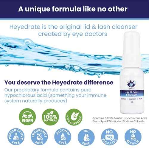 Heyedrate Lid and Lash Cleanser for Eye Irritation and Eyelid Relief, Gentle Hypochlorous Acid Eyelid Cleansing Spray (1 ounce + 2 ounce BUNDLE)