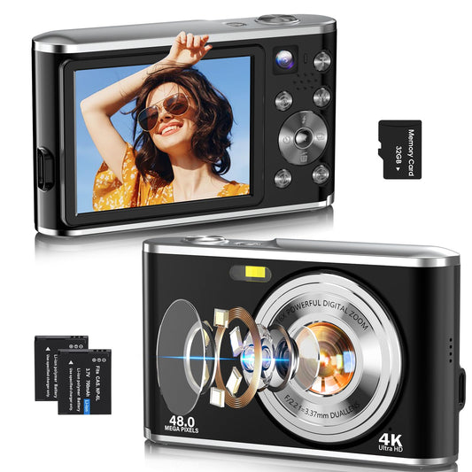 4K Digital Camera, Autofocus 48MP Vlogging Camera for Photography Compact Point and Shoot Digital with 16X Zoom, 32GB Card, 2.8" Screen, Anti-Shake(Black)