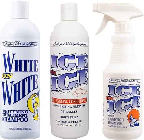 Chris Christensen Shampoo & Conditioner 16 oz Bundle - White on White Shampoo + Ice on Ice Detangling Conditioner + Ice on Ice Detangling/Finishing Spray, Groom Like a Professional, Made in USA