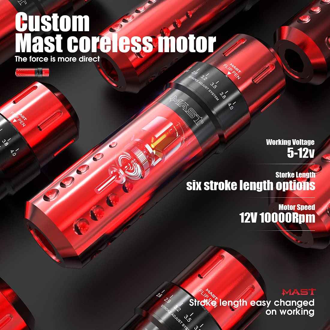 Mast Flip Complete Tattoo Kit -Wireless Cartridges Tattoo Machine with 7 Adjustable Strokes 2.6-4.0mm 2 Batteries Power Supply 20 Pro Needles Ideal for Lining Shading Coloring Professional Starter Set