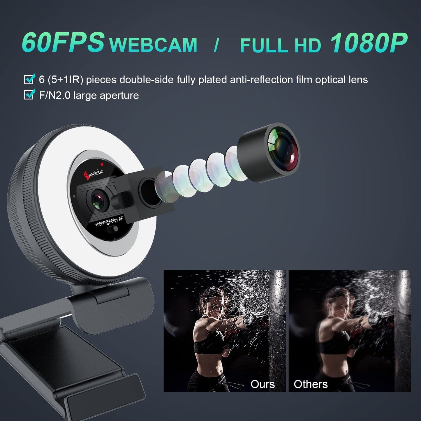 Angetube 1080P 60FPS Webcam, Streaming Webcam with Ring Light Web Camera with Microphone 5X Digital Zoom Remote Control Include, Built-in Privacy Cover for PC, Computer, Loptop, Mac, Windows 11