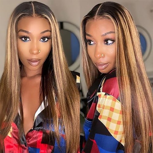 Teveshine 24inch Brown Highlighted Wig Human Hair 13x6 Straight Lace Front Wigs Human Hair Pre Plucked With Baby Hair 180% Density Glueless 4/27 Blonde Highlight Wig