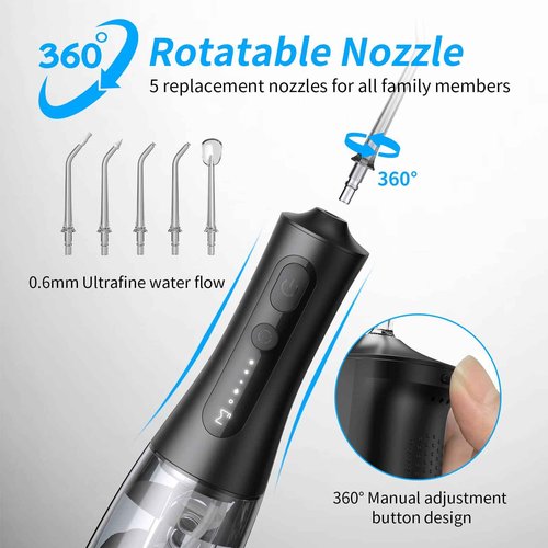 ENPULY Cordless Water Dental Flosser for Teeth Cleaning - 300ml Portable Water Teeth Cleaner Picks with 5 Modes, 5 Jet Tips, IPX7 Waterproof Rechargeable Water Flossers,Black