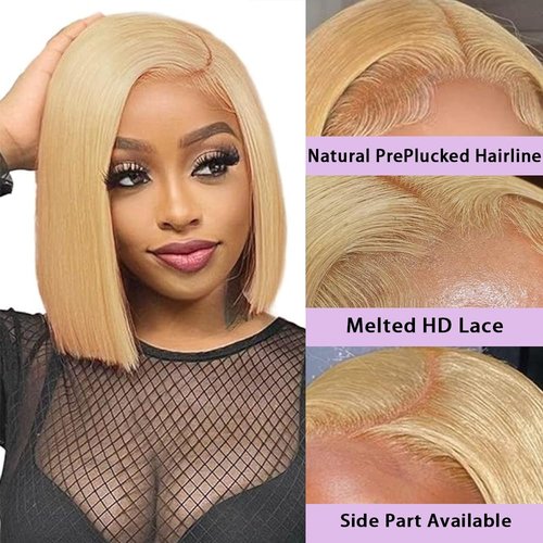 MUPRETTY 18A Raw Hair Blonde Bob Wigs Human Hair 4x4 Lace Closure Wig 27# Honey Blonde Wig Human Hair Keep Silky And Smooth After Multiple Washes(14Inch)