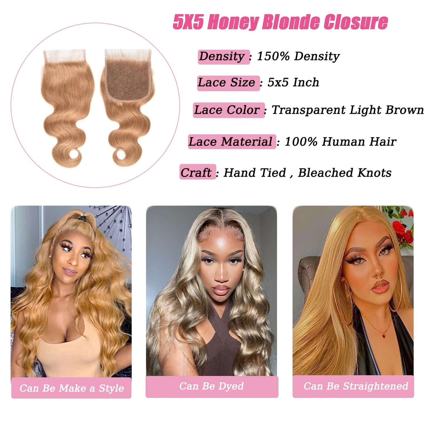 Honey Blonde Closure 5X5 Lace Closure Color #27 Closure 10a Human Hair Natural-Hair-Line Pre Plucked With BabyHair 22 Inch