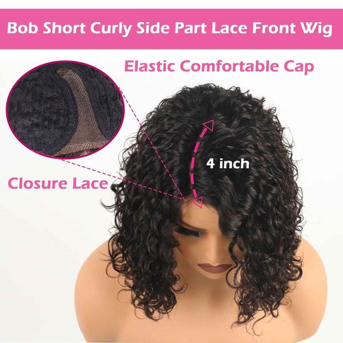 ManeMajesty 12 Inch Deep Curly Bob Wig Short Curly Human Hair Wigs for Women Jerry Curl Side Part Lace Front Wigs 100% Brazilian Remy Human Hair Wear and Go Glueless Wig 12A Natural Color
