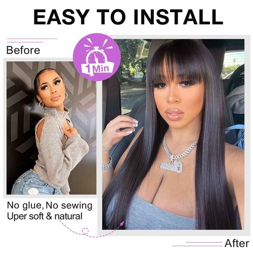 Straight Human Hair Wigs with Bangs None Lace Front Wigs 150% Density Glueless Machine Made Brazilian Virgin Human Hair Wigs for Black Women Natural Color(24 Inch, Straight)