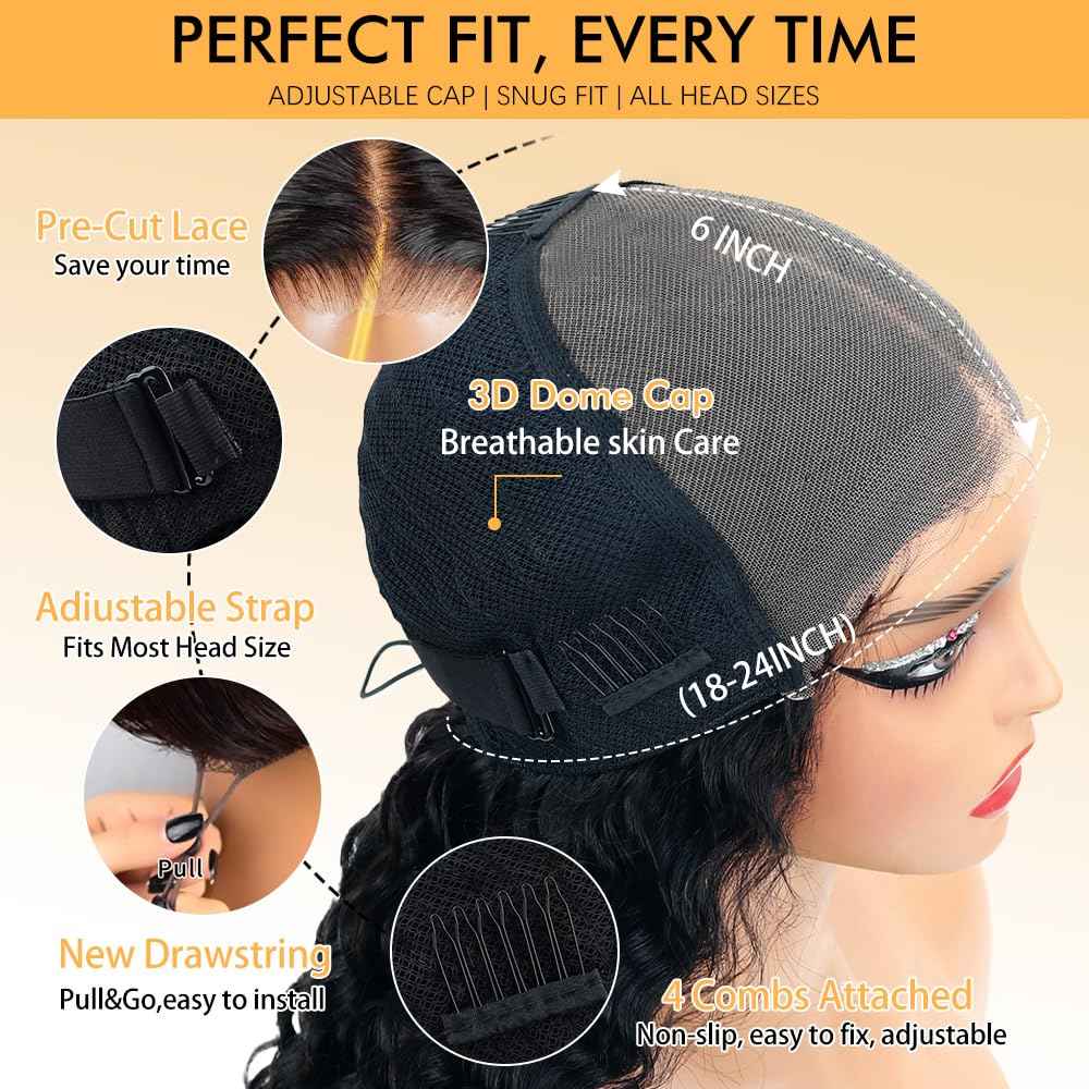 Goulus 7x6 Deep Wave Glueless Wigs Human Hair Pre Plucked Pre Cut 250% Density Drawstring Wig Human Hair Wear and Go Glueless Wigs for Black Women Natural Color #1B 16 Inch