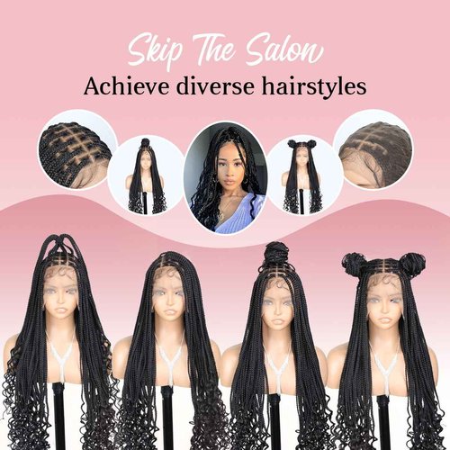 QUISDUIS Box Braided Wigs curly ends 32 inch 13X8 Lace Braid Wigs for Black Women Square Knotless Box Braid Wig with Baby Hair Handmade Synthetic Hair Blended Lace Front Wig Natural Black