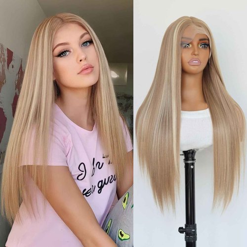 SALLYWELL Honey Blonde 13×4 Lace Front Wig Honey Blonde Highlights Heat Resistant Synthetic Wig For Women 180% Density 24Inch