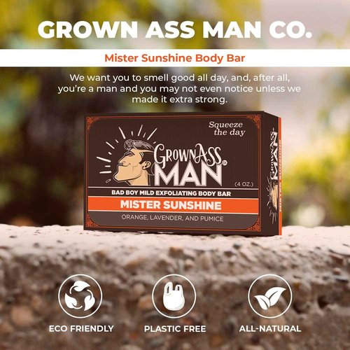 Grown Ass Man Co. Exfoliating Body Bars - Solid Soap with Natural Oils & Gentle Scrub - Plastic Free & Eco-Friendly, Natural & Organic for All Skin, 4oz Bar - Mister Sunshine - Mild Exfoliant, 6-Pack