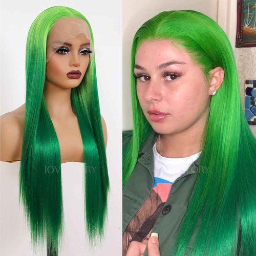 Lovestory Green Lace Front Wigs Long Straight Glueless Hair Ombre Green Color Wig Heat Resistant Synthetic Lace Front Wigs for Fashion Women 22inch