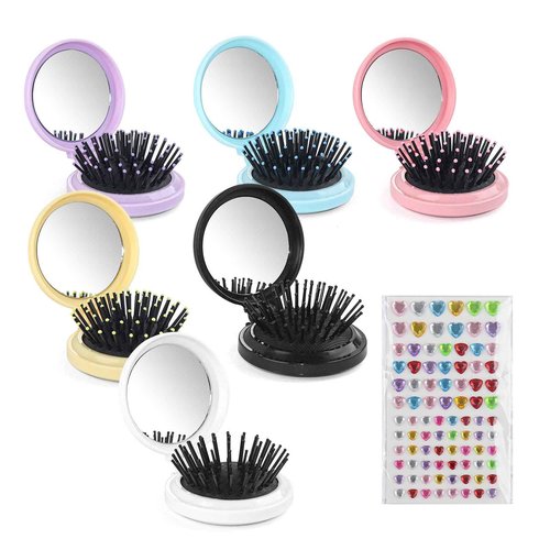 6 Colors Foldable Mirror Hairbrush, 2 in 1 Compact Pocket Mirror Comb in Bulk, with DIY Stickers, Travel Mini Hairbrush Makeup Mirror for Women Girls (60-PACK)