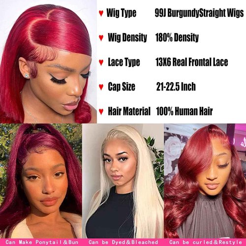 Fiumer Burgundy Wig Human Hair 28inch 13x6 HD Transparent Lace Straight 99J Red Human Hair Wig Colored Reddish Brown Lace Frontal Wigs 180% Density Pre Plucked