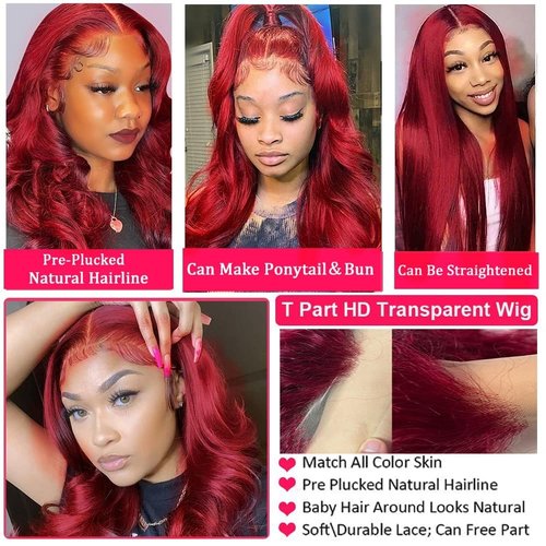 MUPRETTY 99J Burgundy Lace Front Wigs Human Hair Bleached Knots Body Wave Lace Front wig 13x4x1 T Part Lace Wig Human Hair 180% Density Glueless Wigs Human Hair Pre Plucked Natural Hairline (22Inch)